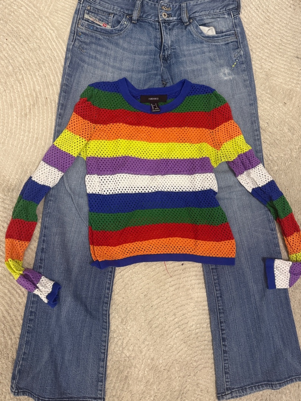 Forever 21 Rainbow Striped Open Knit Crew Neck Sweater